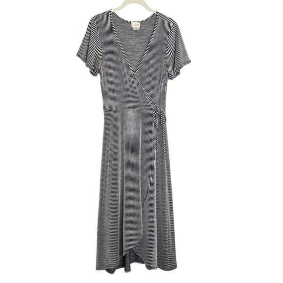 Caution to the Wind Womens Midi Dress Size M Black White Stripe Faux Wrap Ribbed - Picture 1 of 5